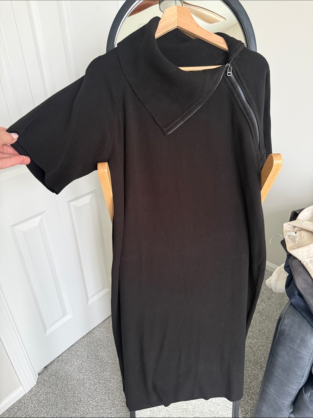Calvin Klein Black Short-Sleeve Midi Dress with Asymmetric Zip Collar